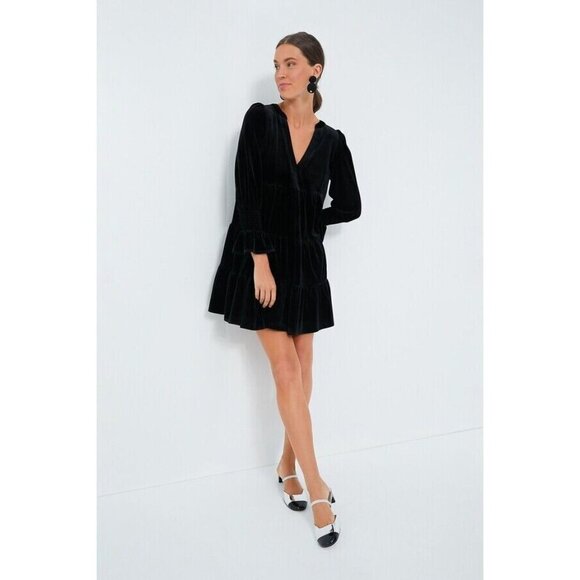 Pomander Place by Tuckernuck Black Velvet Kenzo Dress sz S Tiered Mini Swing - Picture 5 of 5